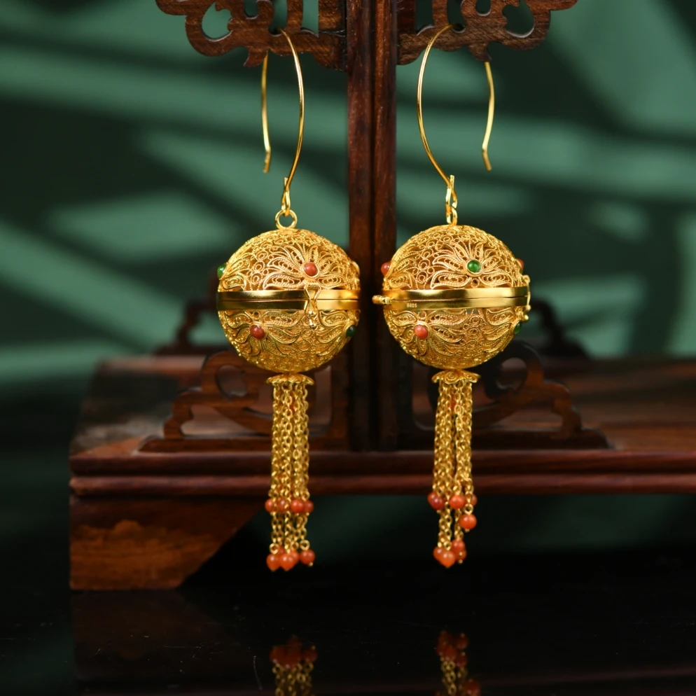 戊申堂 【莲花香囊球】银鎏金 耳饰（翡翠）国风珠宝