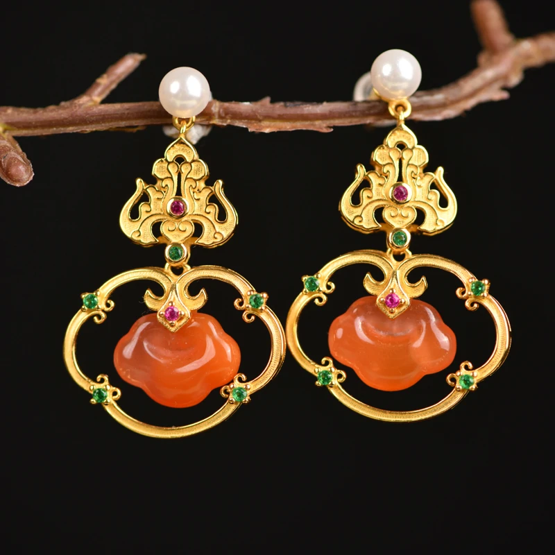 戊申堂  【吉祥如意】银鎏金 南红耳饰国风珠宝