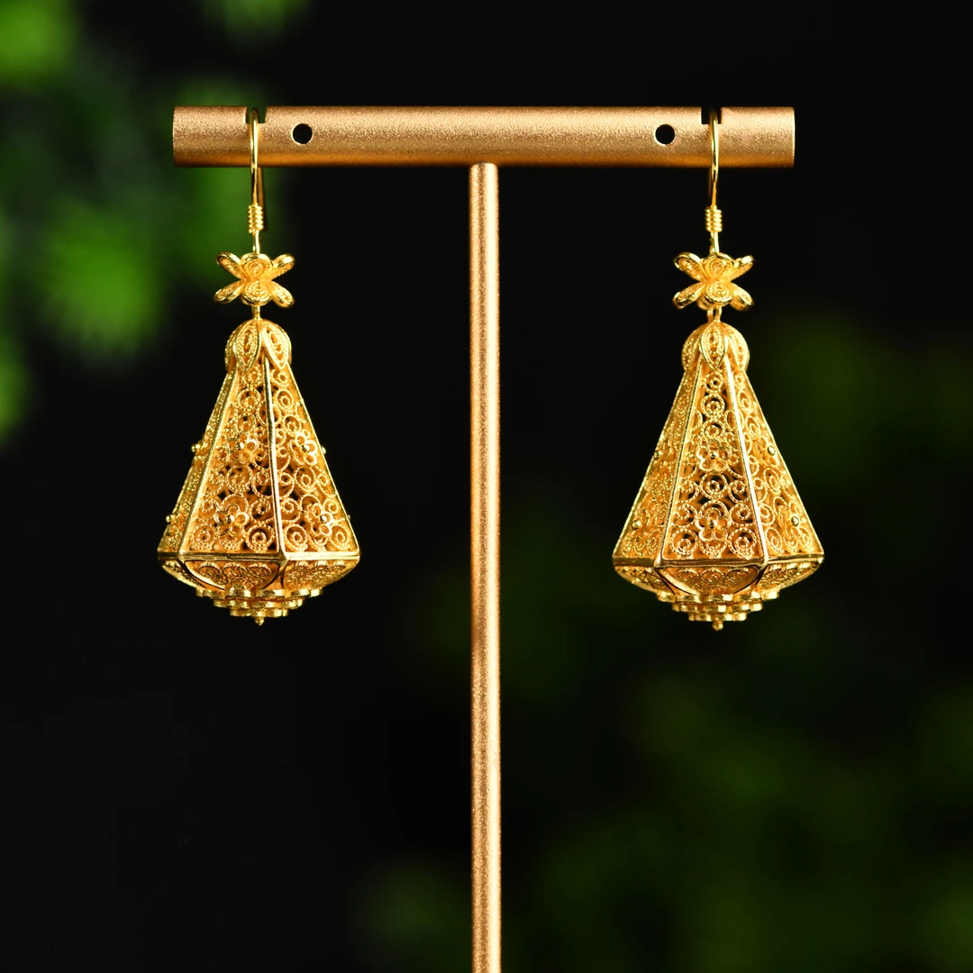 戊申堂 925银耳饰 【容妃】银鎏金手工非遗工艺花丝耳饰