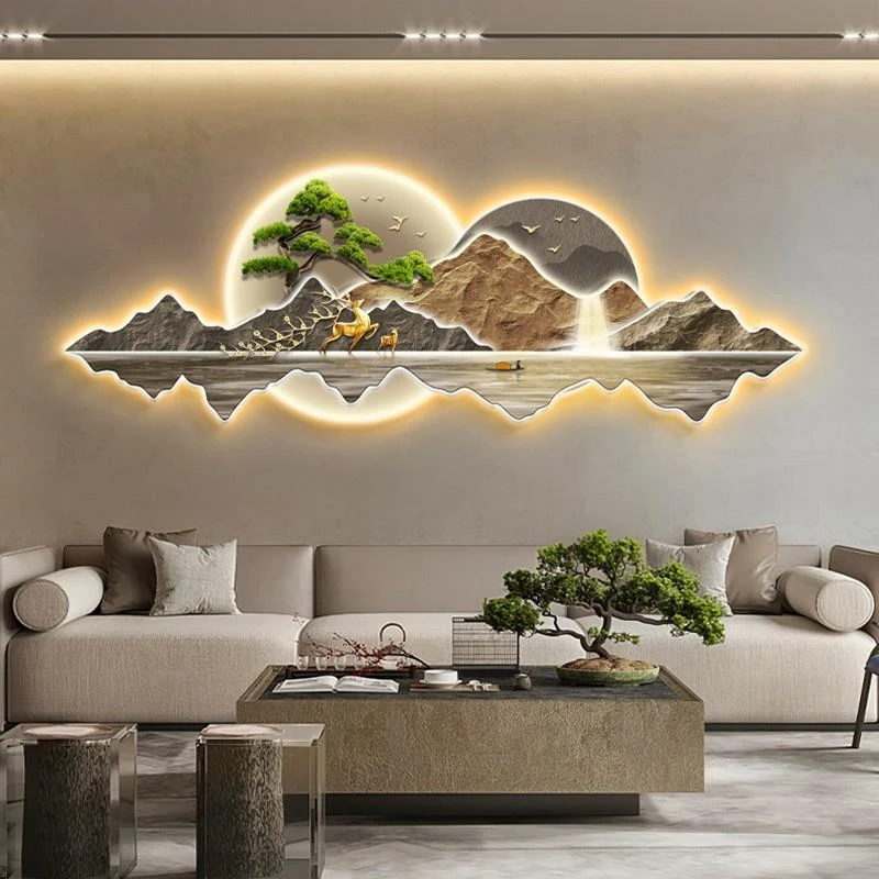 新中式客厅装饰画迎客松轻奢沙发背景墙山水麋鹿挂画壁画