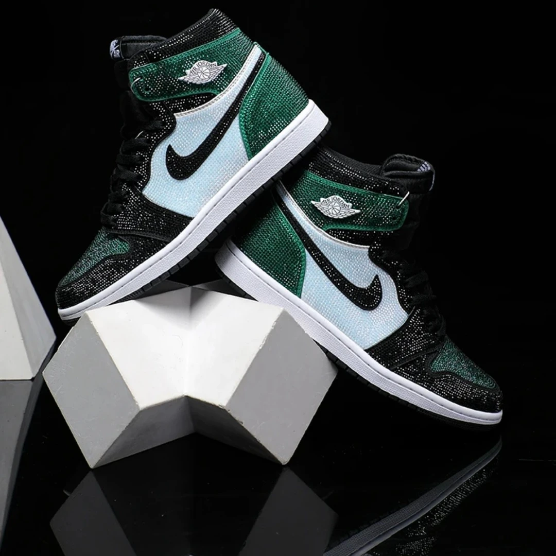 NIKE/耐克Air Jordan 1黑绿脚趾满钻潮流百搭镶钻情侣【定制球鞋】