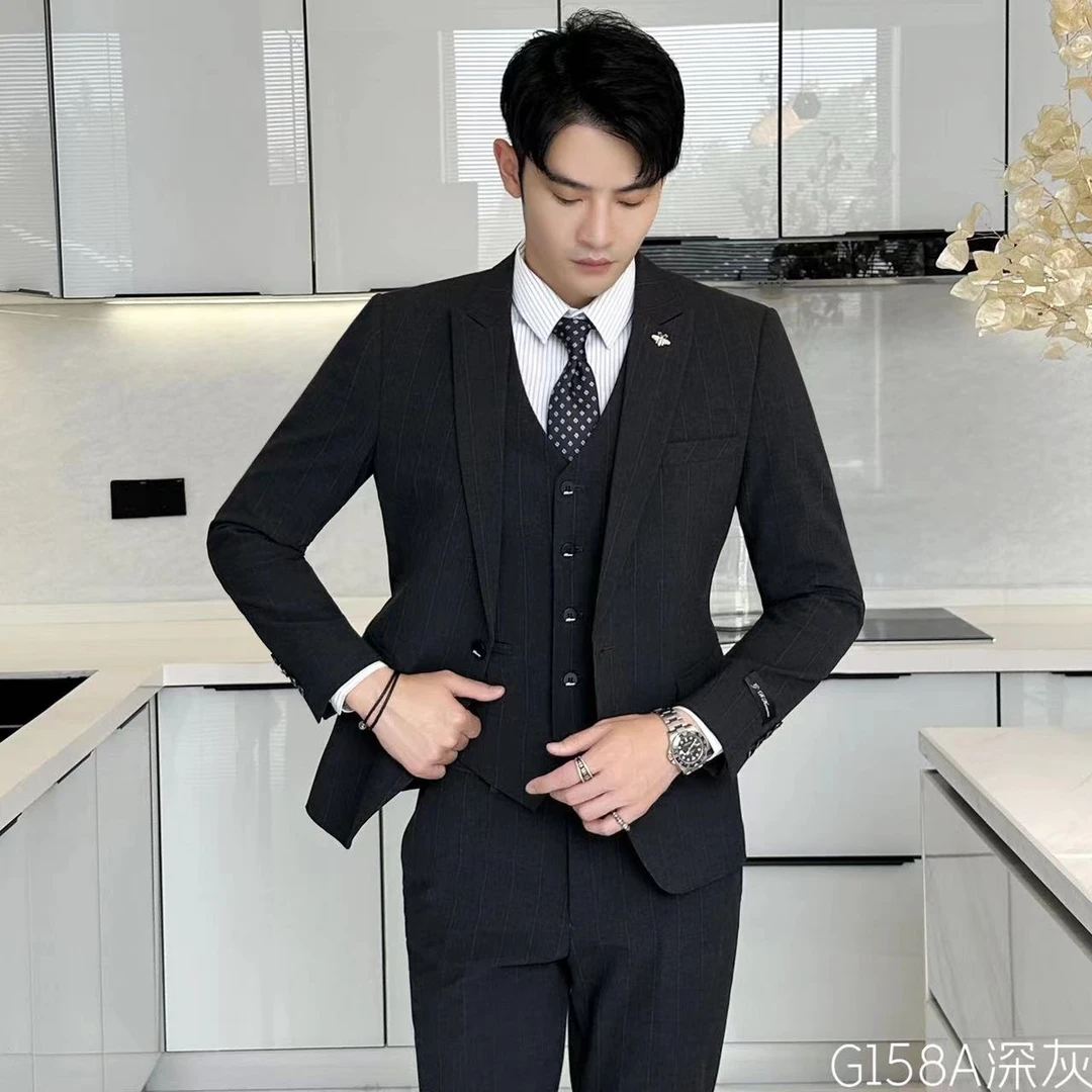 GD定制条纹休闲男士韩版修身西服职业正装新郎结婚礼服伴郎服装
