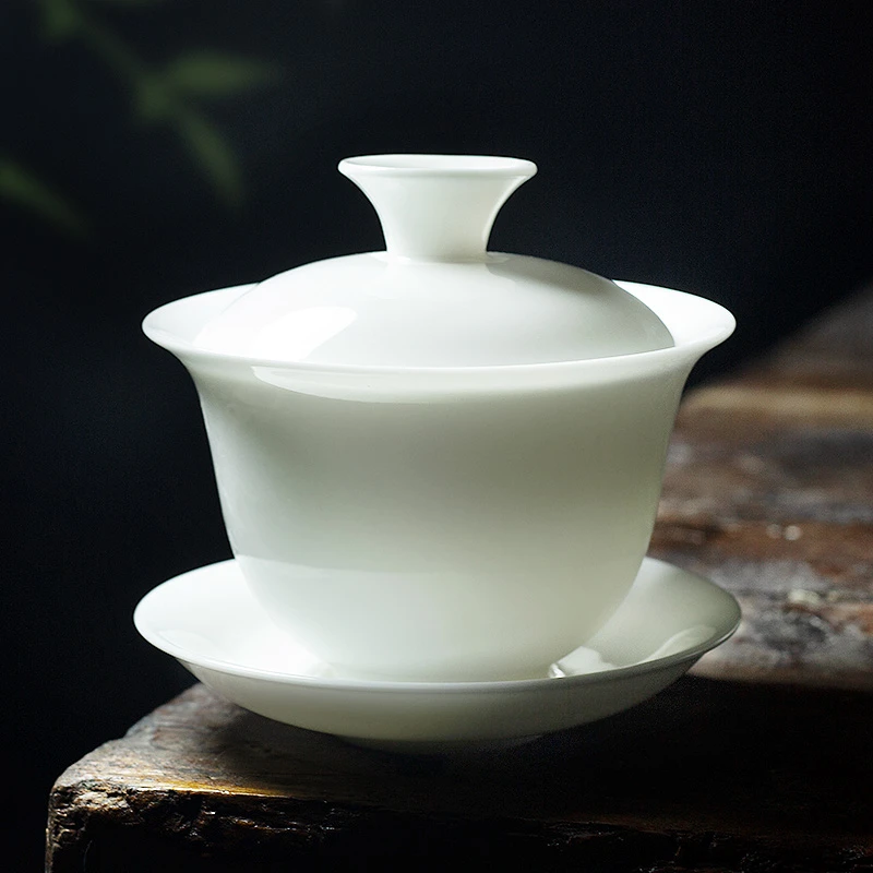 德化白瓷茶碗200ml羊脂玉瓷纯白泡茶碗大号陶瓷带盖描金三才盖碗