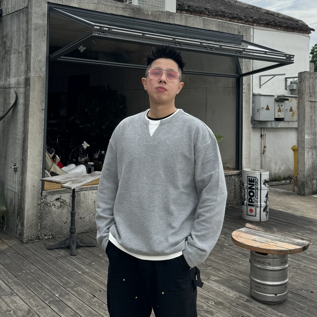 KUZ|美式华夫格长袖假两件简约圆领t恤宽松上衣情侣款百搭秋季