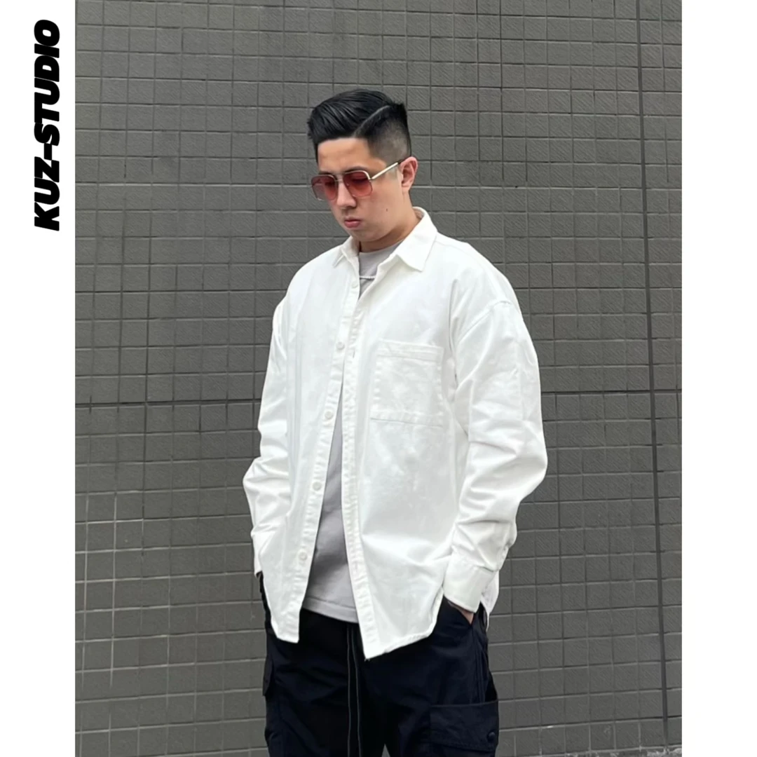 KUZ|春季美式水洗棉工装衬衫外套休闲纯色高级感宽松简约痞帅男款