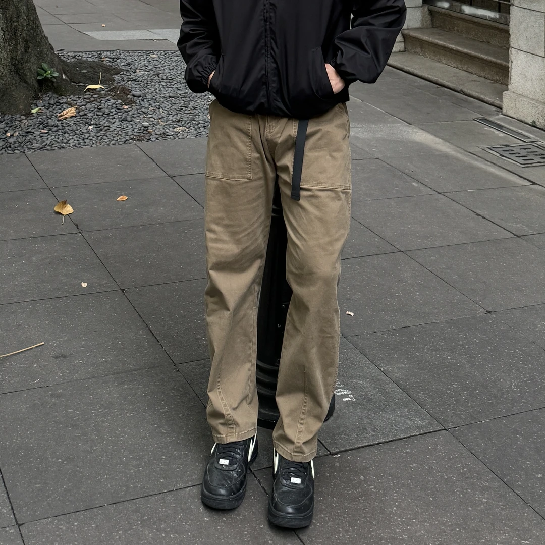 KUZ/美式硬汉工装裤水洗休闲做旧男士街头磨毛长裤口袋直筒复古