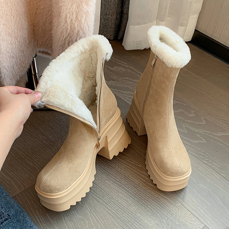回力瑞厚底冬季超高跟厚毛短靴子时尚百搭雪地靴女保暖东北大棉鞋