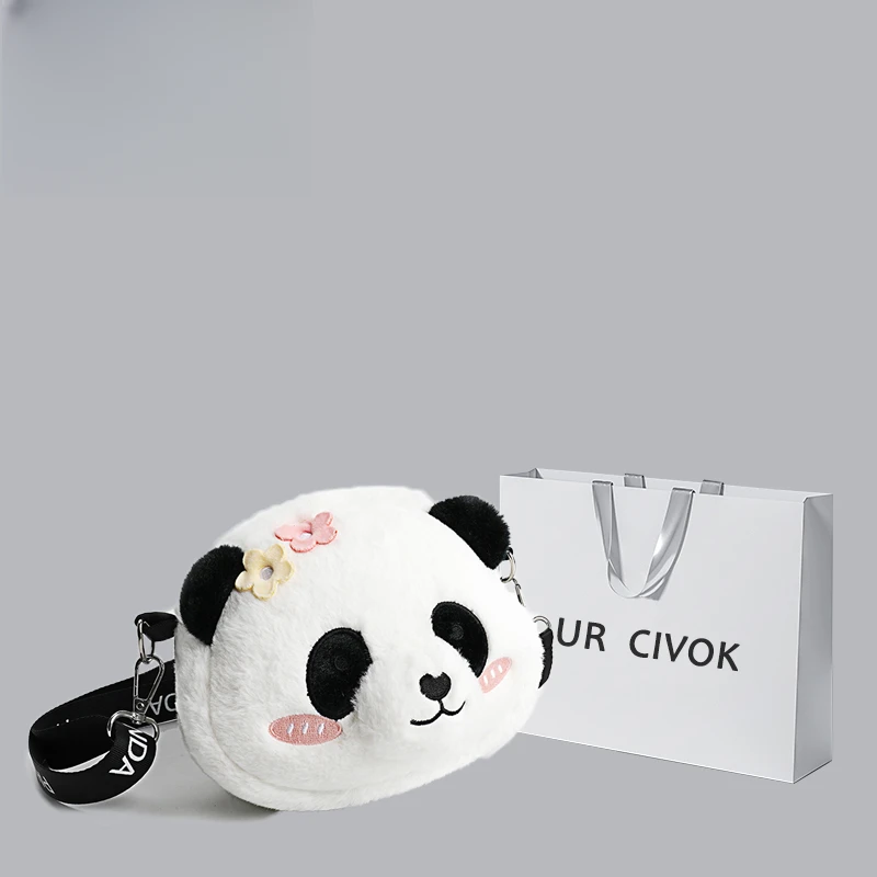 URCIVOK可爱卡通熊猫毛绒包包女2023新款少女玩偶学生单肩斜跨包
