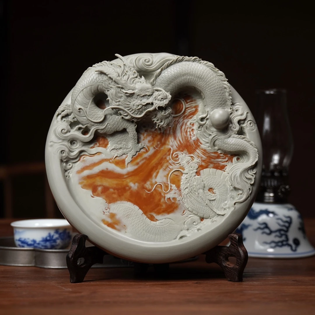 双龙戏珠-砚遇系列 松花石纯手工雕刻 摆件茶杯茶壶瓦当壶承盘复