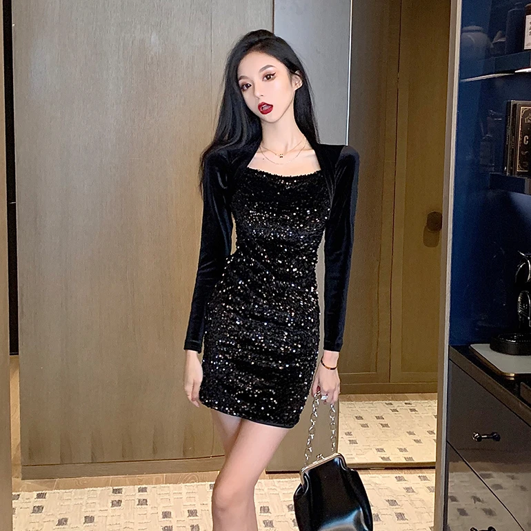 法式轻晚礼服女高级感平时可穿丝绒拼接亮片修身包臀年会连衣裙秋