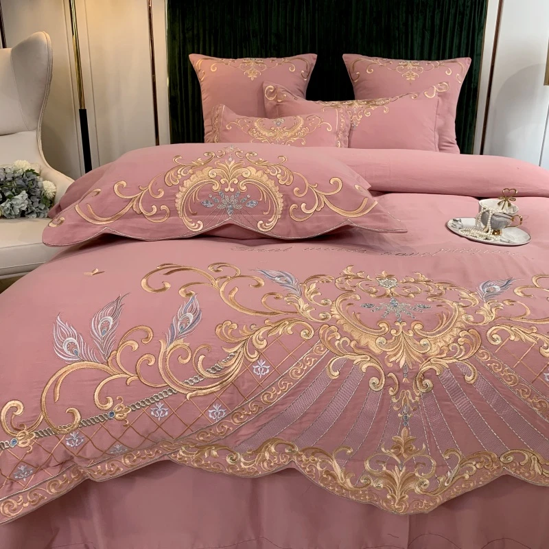 水星高档适用家纺轻奢长绒棉纯棉婚庆四件套全棉床单欧式高档刺绣
