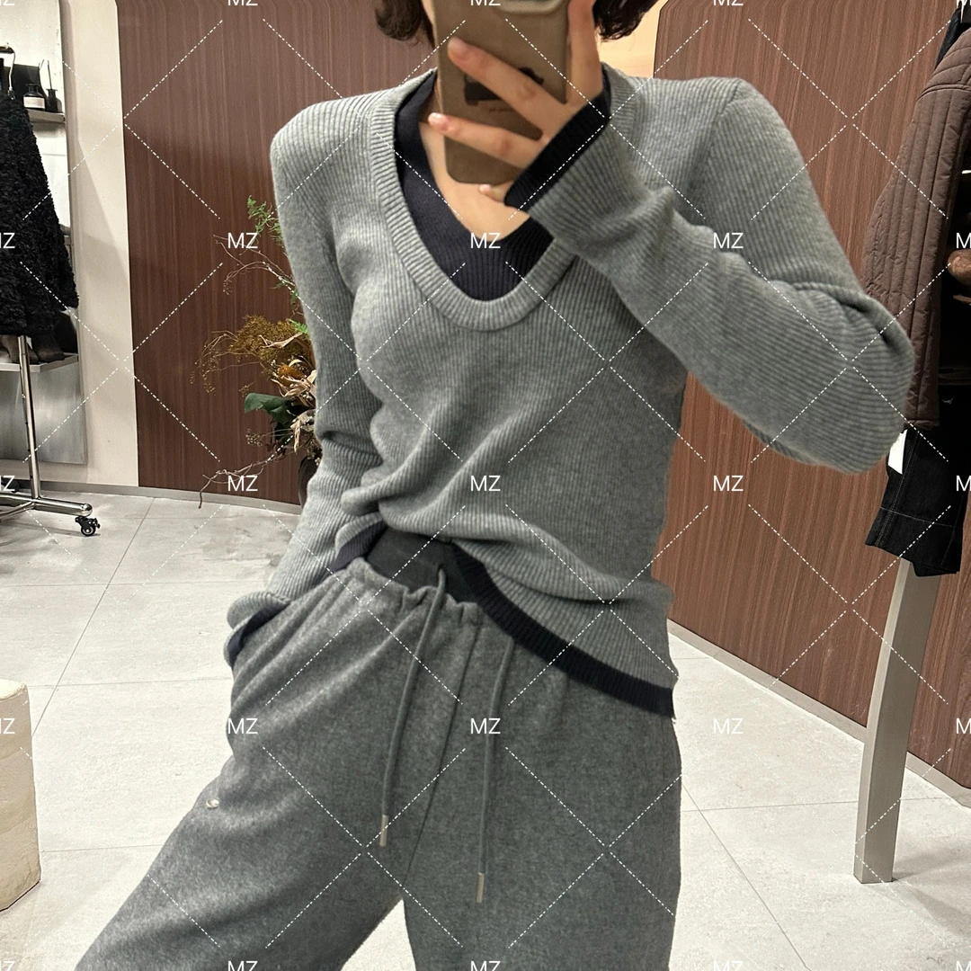 秋冬新款假两件长袖撞色毛衣A566~