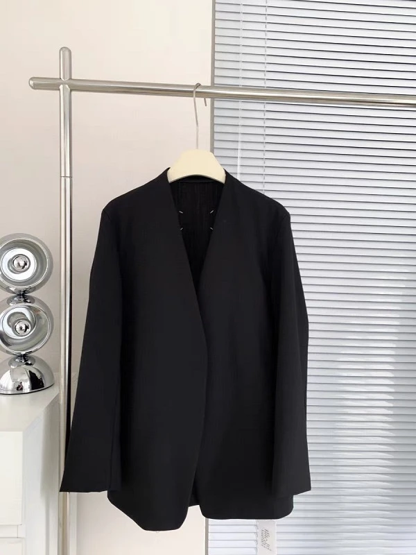 休闲西服无领羊毛西装极简低调风宽松显瘦春秋新款黑色休闲西装