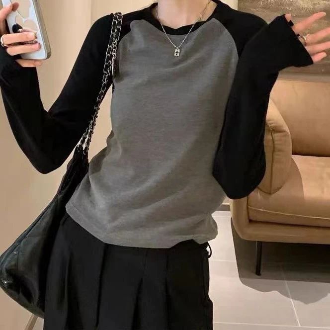 迷人插肩袖好版型长袖弹力复古配色打底衫长袖T