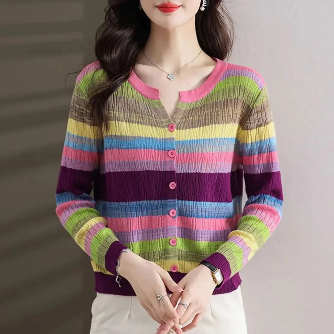 2024秋季新款时尚洋气条纹针织开衫女拼色长袖上衣镂空毛衣外套