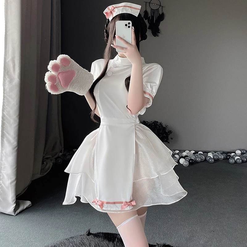 Narcissus甜美护士性感显瘦蝴蝶结收腰连衣裙套装少女系气质女装