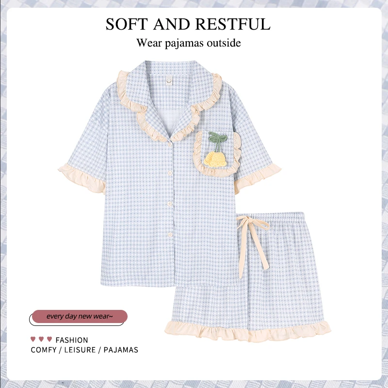 5XL特大码200斤开衫睡衣女夏薄款棉短袖短裤胖妹妹可外穿家居服