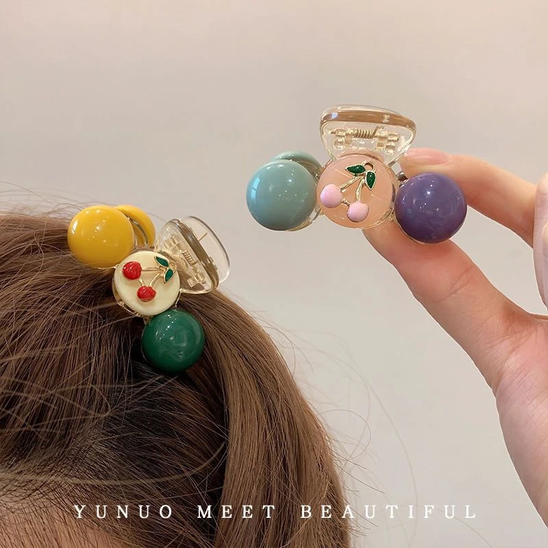 韩版优雅樱桃发夹可爱前额刘海发卡网红小号抓夹女发抓鲨鱼夹头饰