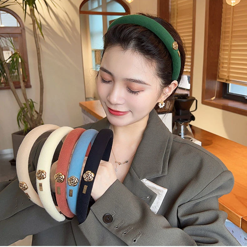 高级感小香风山茶花发箍纯色海绵窄头箍甜美气质百搭外出压发头饰