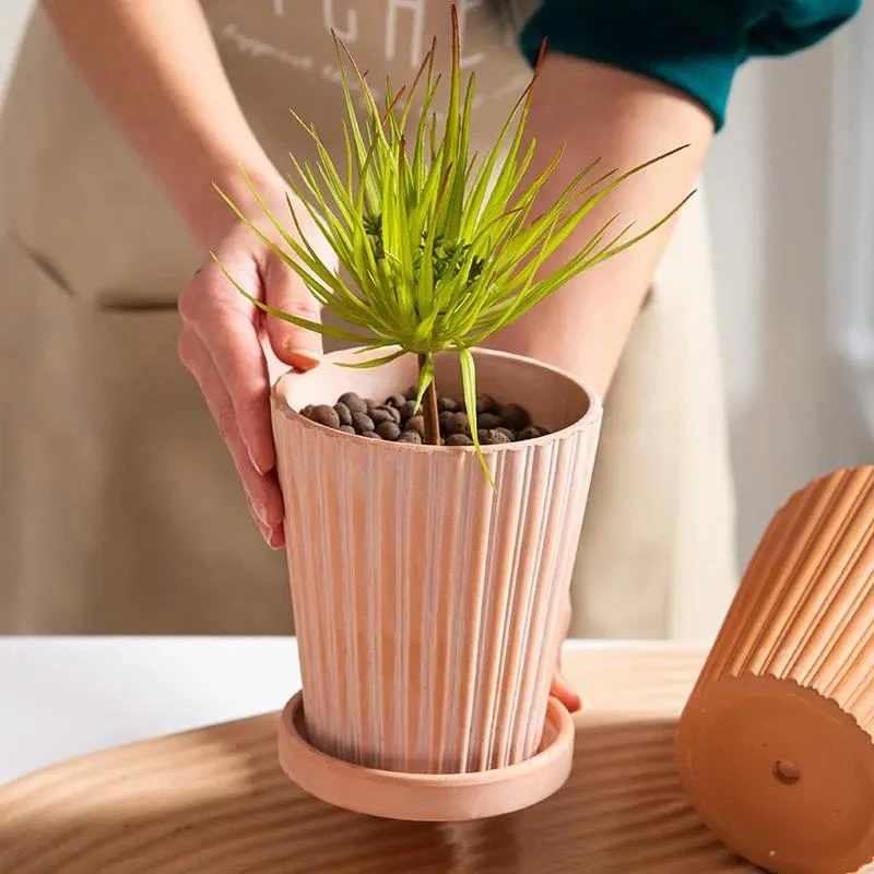 创意红陶浮雕陶土花盆透气美式轻奢客厅庭院多肉植物绿植花盆带托