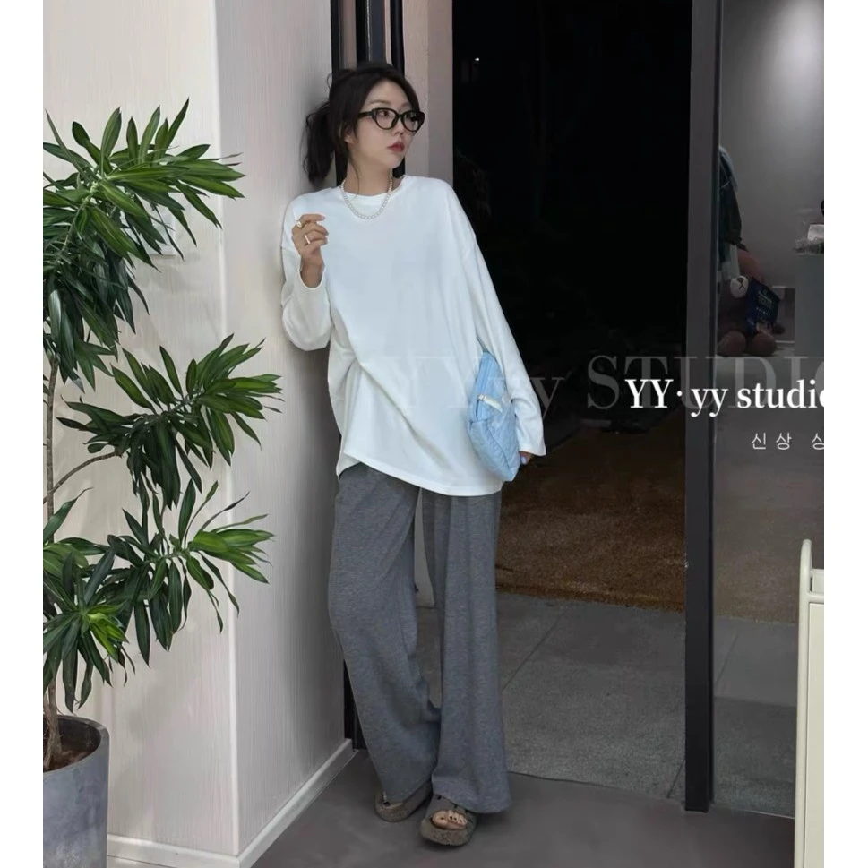 龙龙 L2C0900 双面加厚白色磨毛侧开叉打底T恤