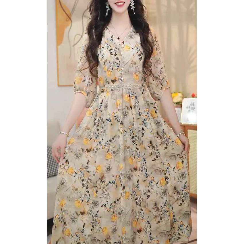 L975夏季优雅连衣裙修身显瘦气质印花碎花法式中长款A字裙时尚