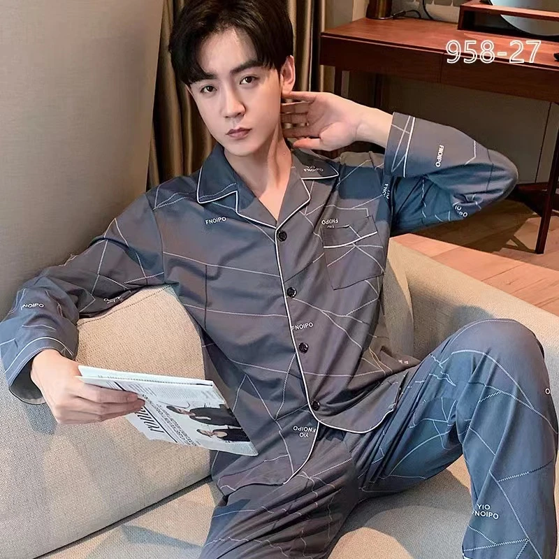 家居服大码套装宽松男士居家服春秋款全棉长袖睡衣