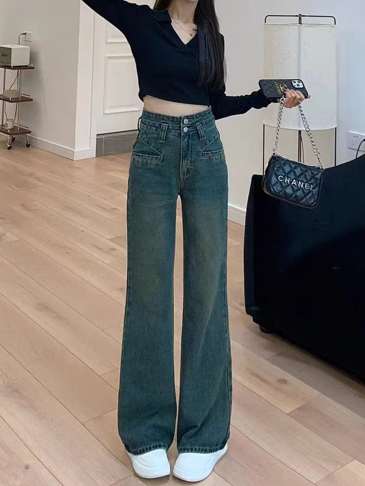 865春季新款窄版阔腿牛仔裤高腰直筒拖地裤【瑕疵款】