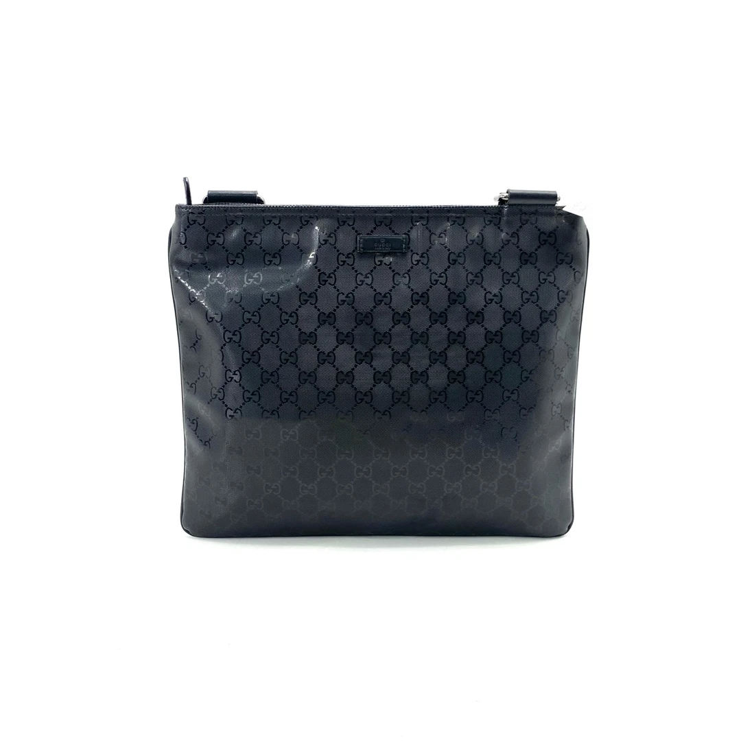 95新 GUCCI/古驰 黑老花水晶皮斜挎包 尺寸35/30男士单肩经典黑色