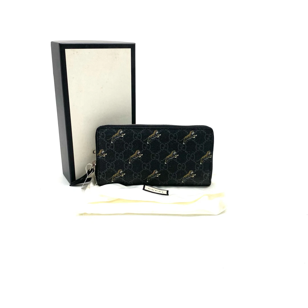 99新 GUCCI/古驰 时尚百搭经典黑老花小老虎拉链钱包   尺寸19/10