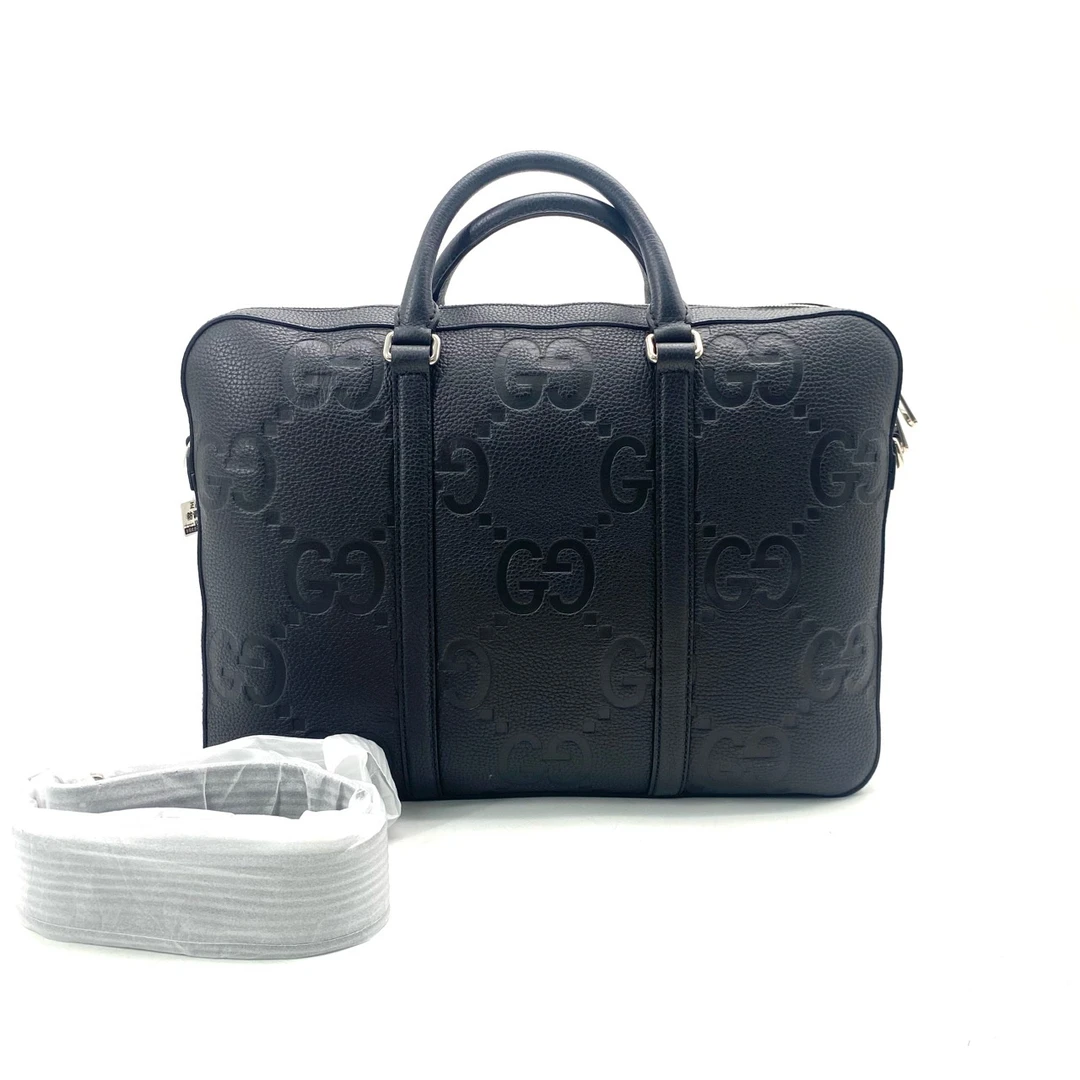 99新 GUCCI/古驰 时尚休闲男士黑色全皮压花公文包手提包 尺40/29