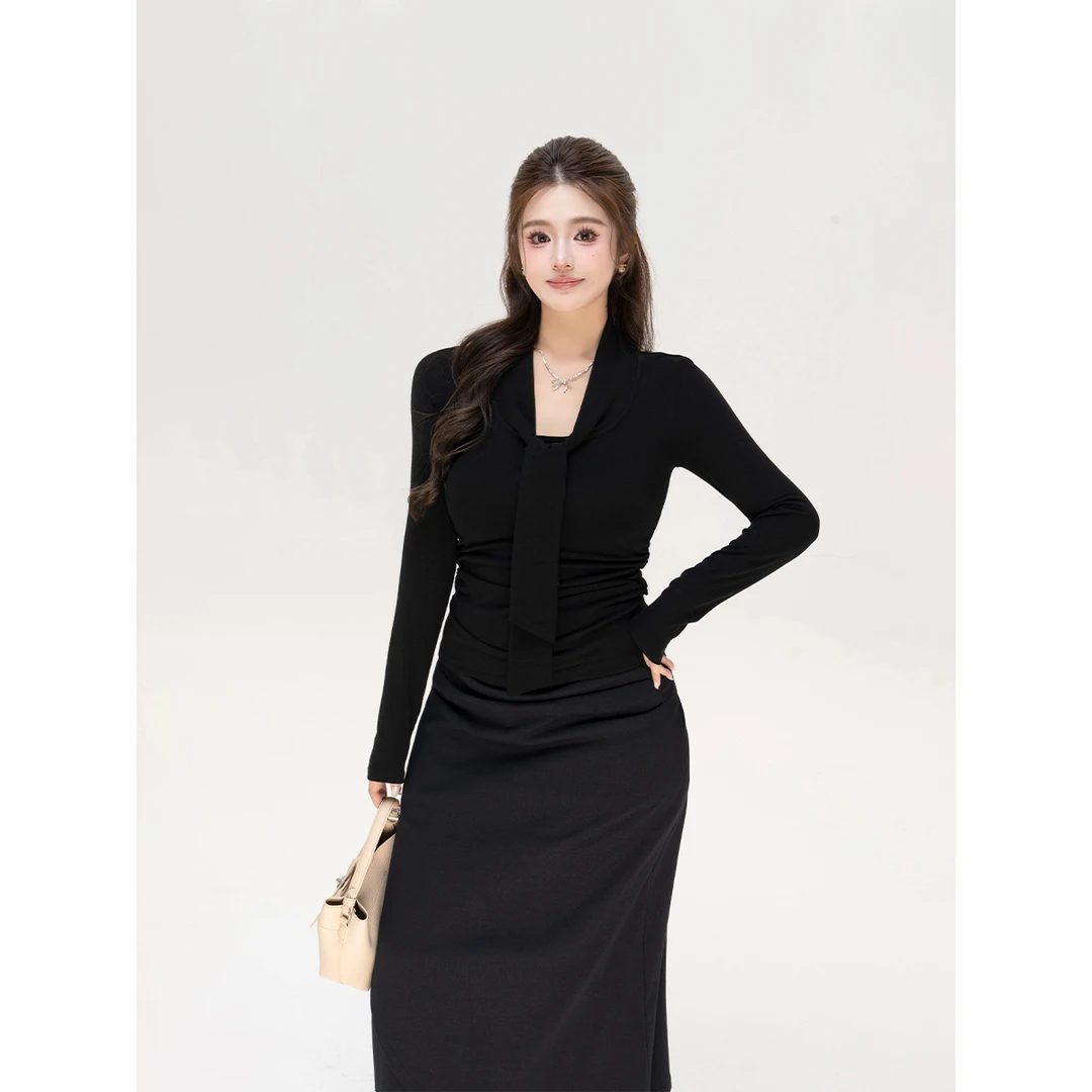 微胖大码女装【微胖天菜】荡领系带潮流收腰修身甜美辣妹T恤 DM1033