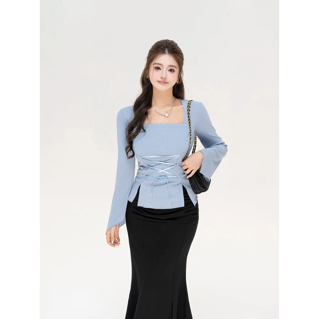 【闭店清仓】【白月光】修身显瘦时尚绑带设计甜美长袖T恤秋 DM1010