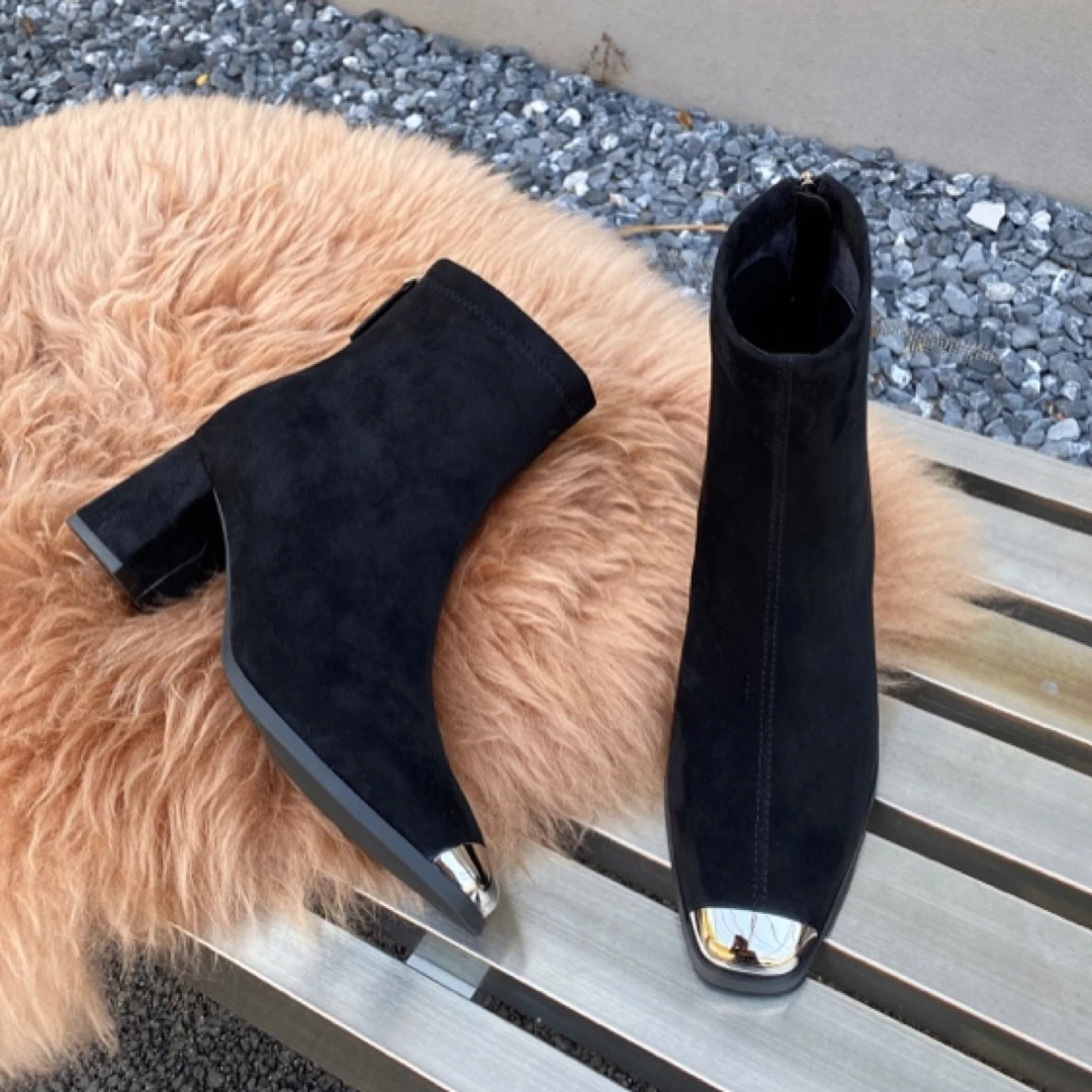 法式羊京绒方跟百搭洋气瘦瘦靴短靴