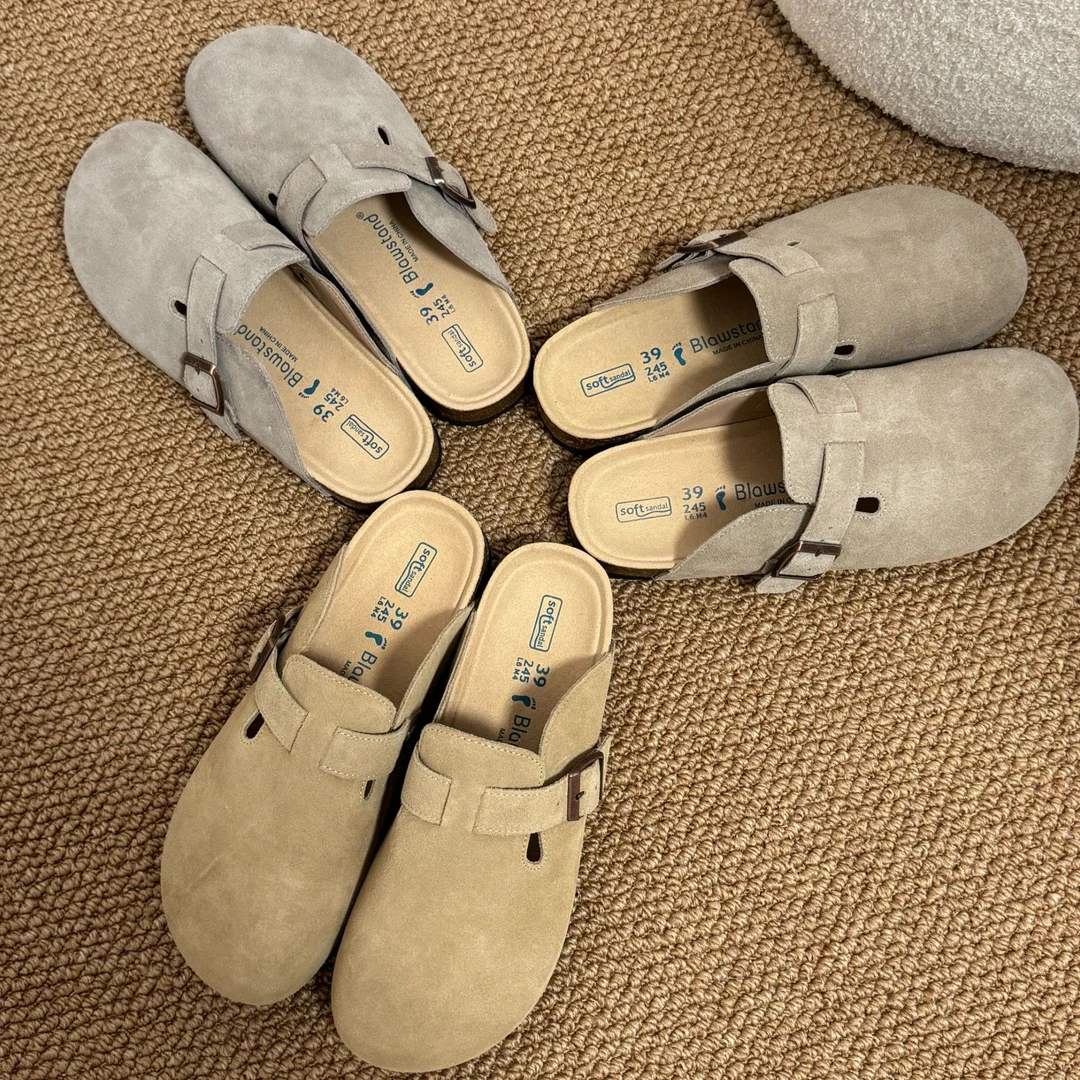 情侣同款全牛皮百搭复古厚底包头博肯鞋舒适软木底一脚蹬博肯鞋女