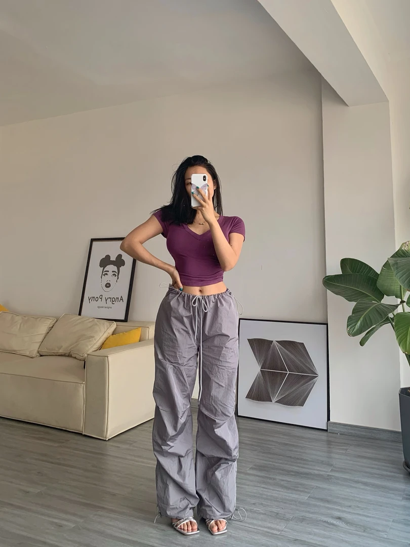 AngryPony中腰抽绳系带薄款工装阔腿裤宽松美式轻薄伞兵裤
