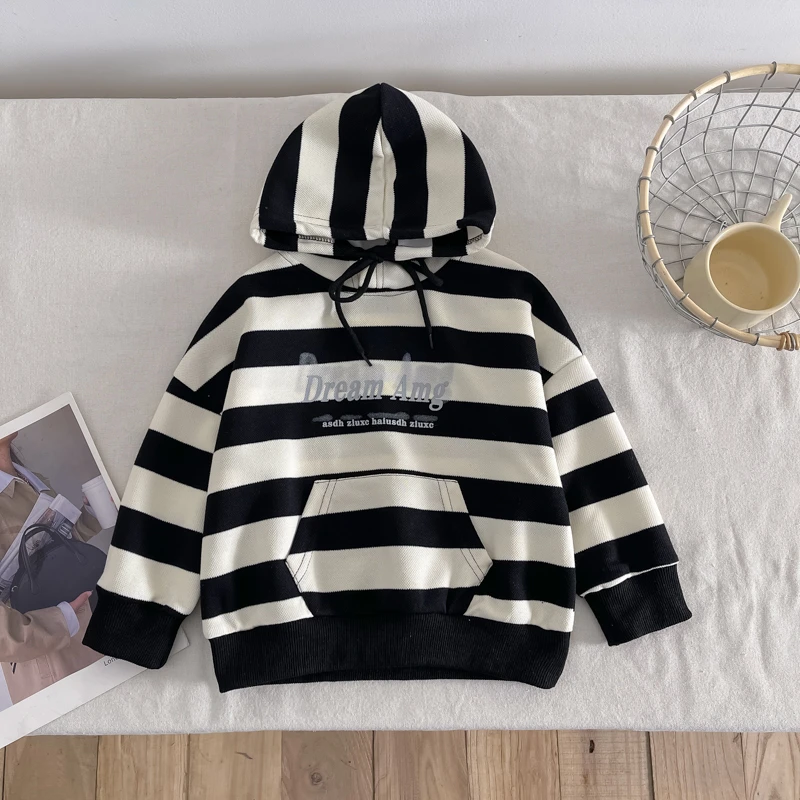 秋季儿童条纹帽衫2024年男童新款时髦连帽针织卫衣中小童童装