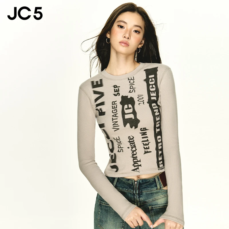JC5J03A3301018【辣妹风】美式辣妹T恤秋修身涂鸦印花显瘦百搭上衣