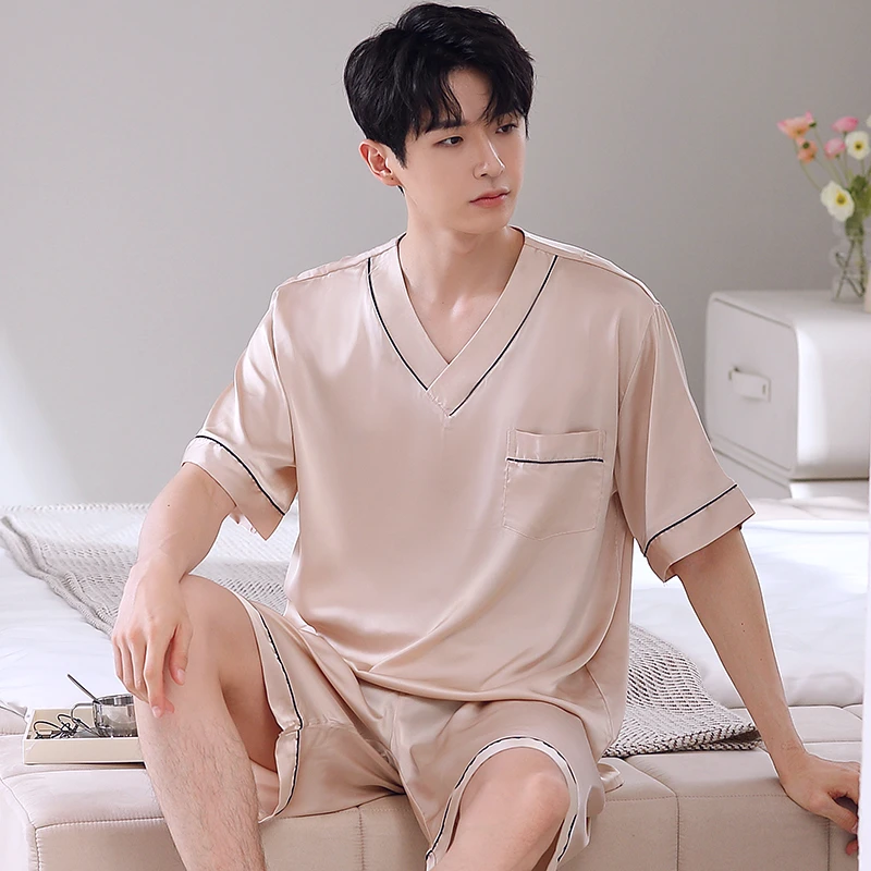 男士睡衣夏季短袖短裤冰丝绸薄款加大码休闲简约睡衣男士冰丝睡衣