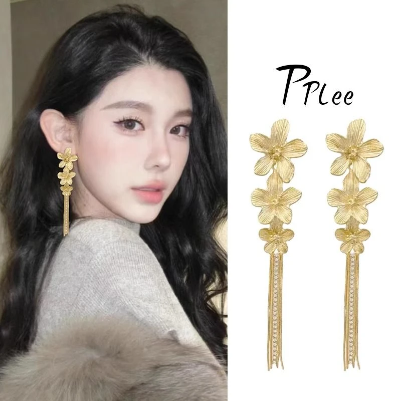 法式金属花朵流苏耳环夸张小众设计复古小众个性长款耳钉耳饰爆款