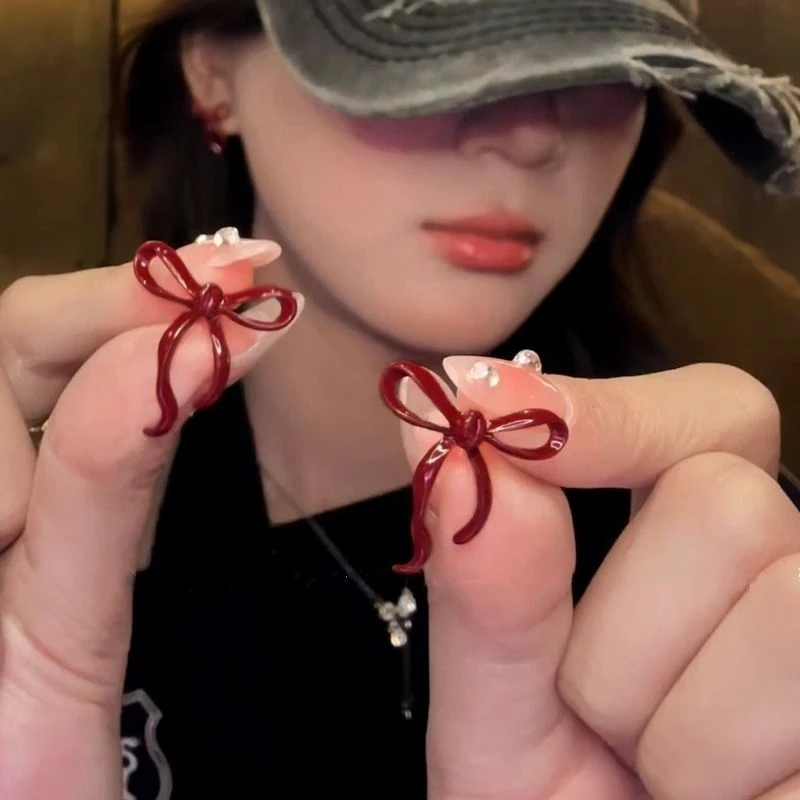 安可拉红色蝴蝶结耳钉女2024新款爆款时尚气质耳钉高级感潮流耳环