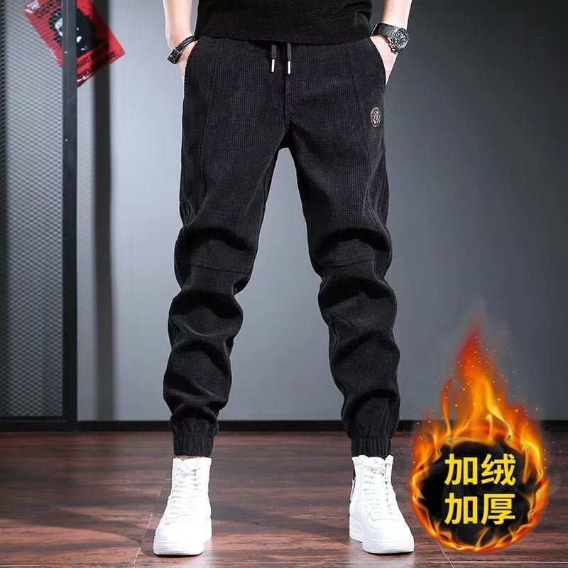 2023条绒男裤秋冬季加绒休闲裤宽松潮流百搭松紧腰运动裤束脚裤子