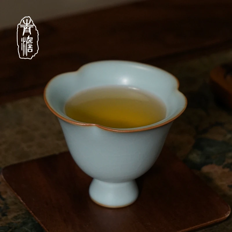 灵犀杯62ml 花口高脚杯 景德镇汝窑主人杯 开片可养