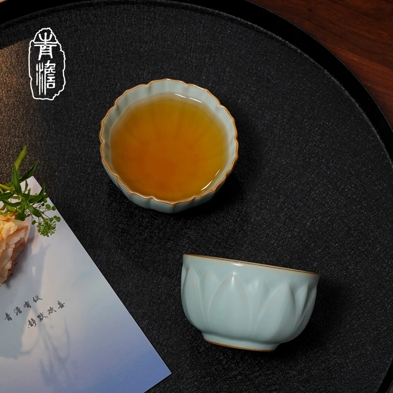 汝窑主人杯送礼景德镇茶杯茶具长辈客户生日礼品瓷器溪与菊对杯
