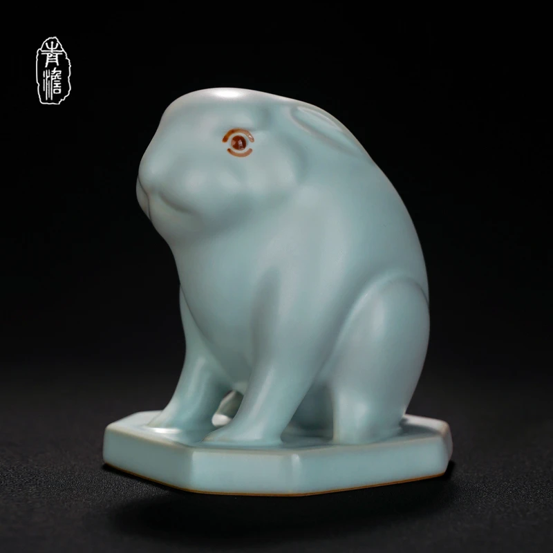 汝窑瑞兔摆件手绘款 家居摆件 汝瓷开片可养 景德镇陶瓷