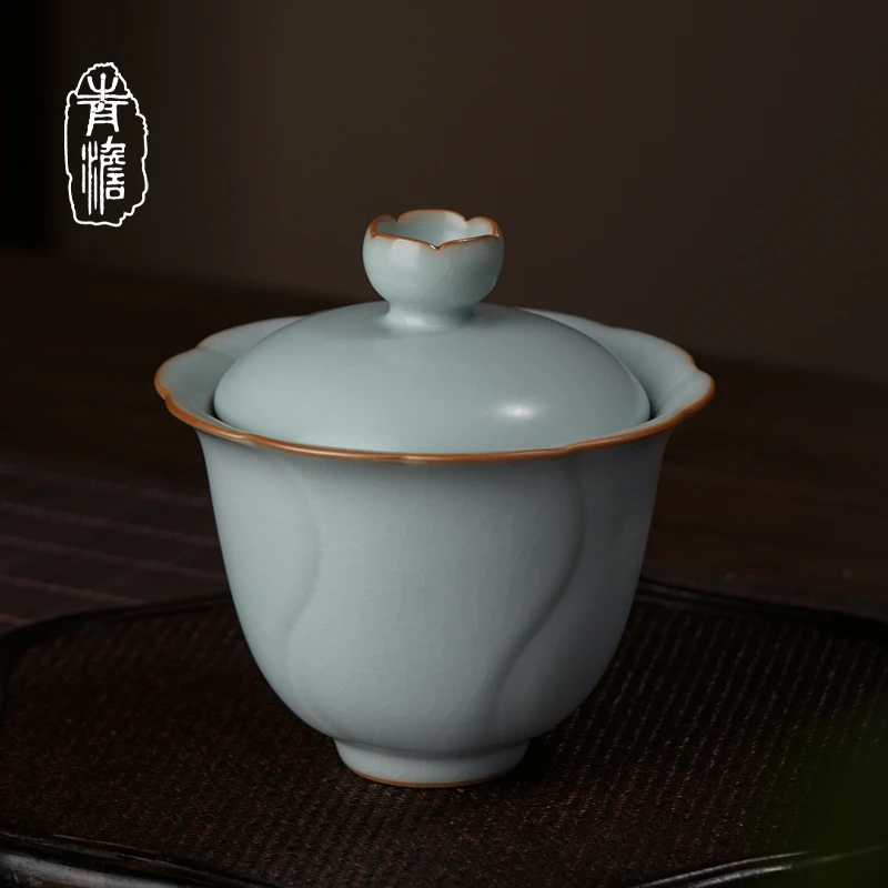 汝窑花满堂盖碗180ml 景德镇手工陶瓷复古汝瓷大号两才盖碗茶杯