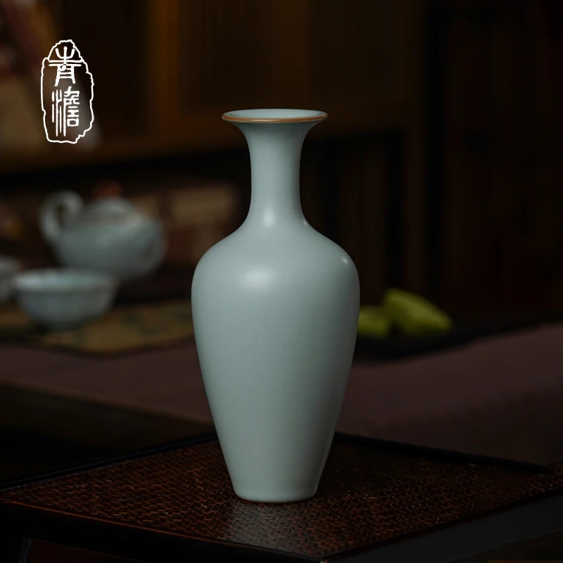 汝窑柳叶瓶 景德镇陶瓷花瓶摆件 天青色手工复古瓷器