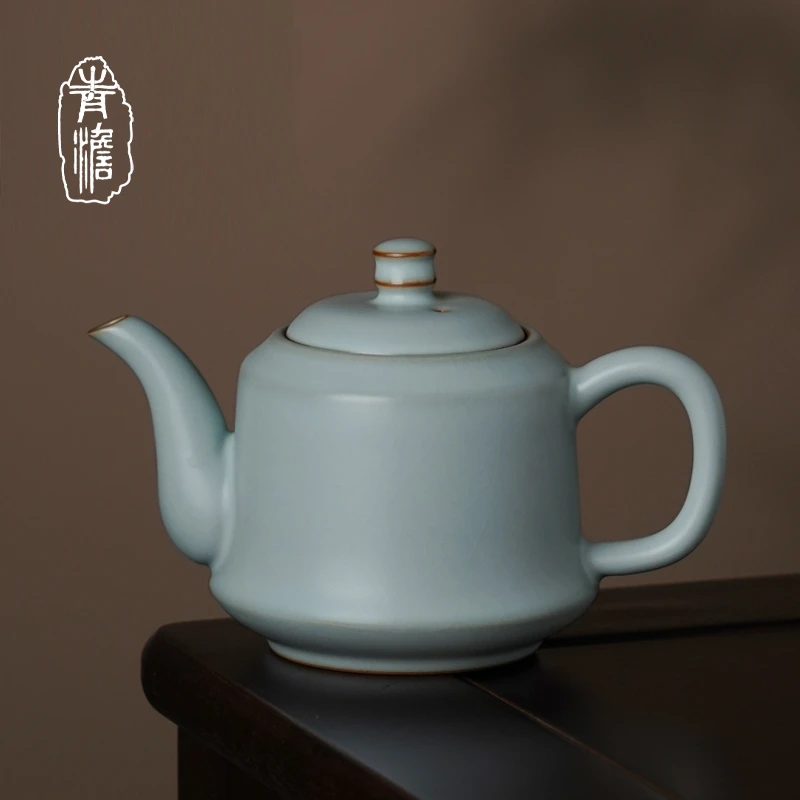 青澹汝瓷悟静壶350ml功夫茶具青瓷开片汝窑 景德镇中式手工陶瓷