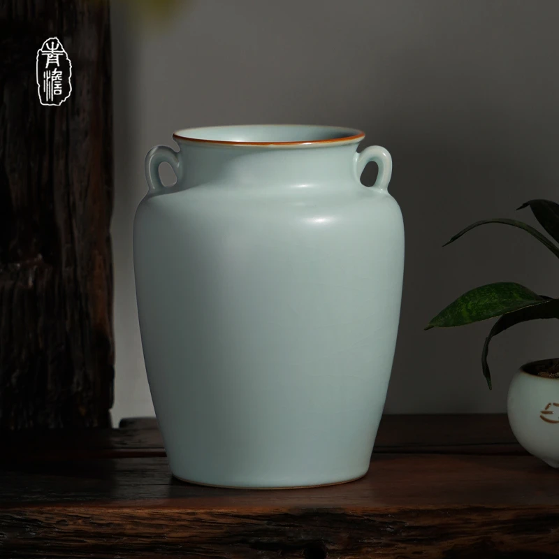 汝窑双耳瓶 1320ml 汝瓷花瓶摆件景德镇陶瓷