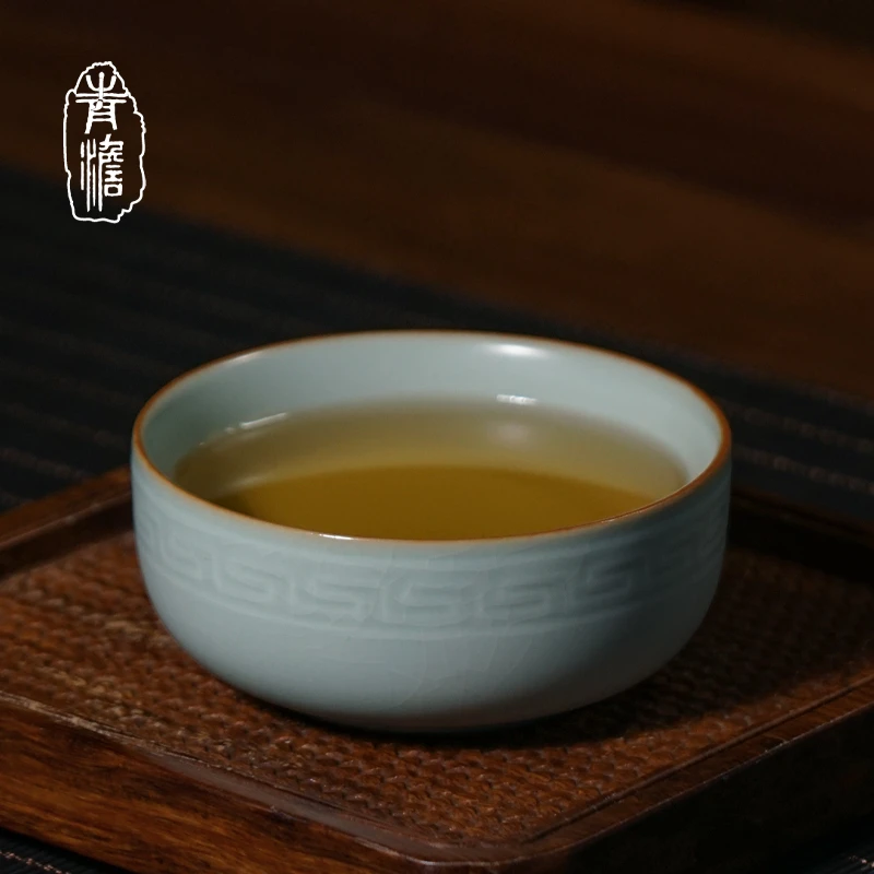 青澹汝窑如意杯120ml 景德镇汝瓷手工主人杯茶杯陶瓷复古品茗杯